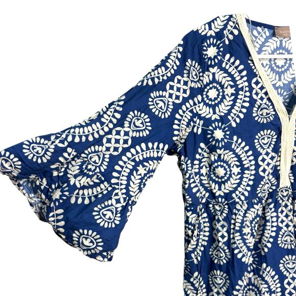 Saiph Lab Boho Top Blue White Bell Sleeve Blouse Size M Tunic Festival Peasant - Picture 4 of 9